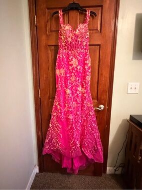Nameless Hot Pink and Gold Embroidered Prom Gown